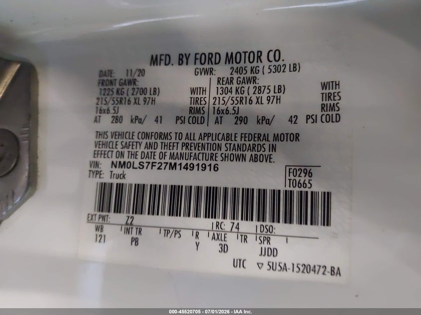 FORD TRANSIT CONNECT 2021 VIN NM0LS7F27M1491916
