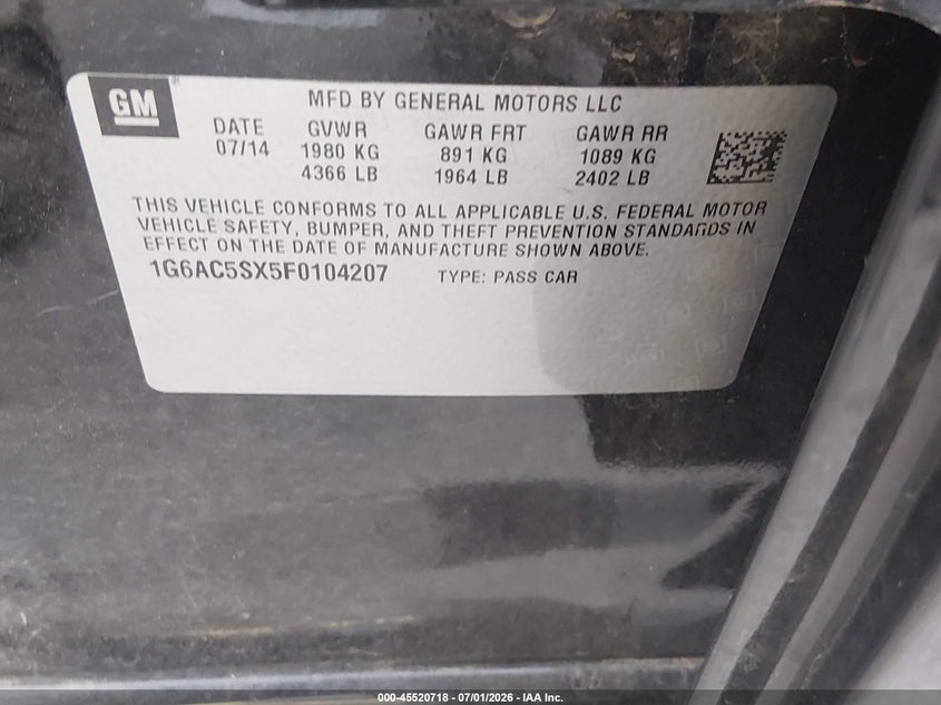 2015 Cadillac Ats Performance VIN: 1G6AC5SX5F0104207 Lot: 45520718