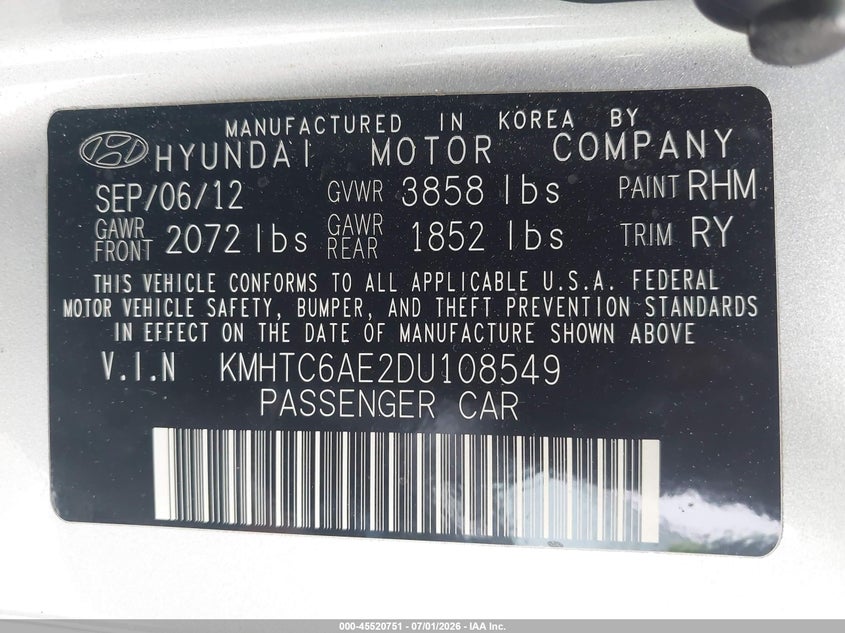 2013 Hyundai Veloster Turbo W/Blue VIN: KMHTC6AE2DU108549 Lot: 45520751