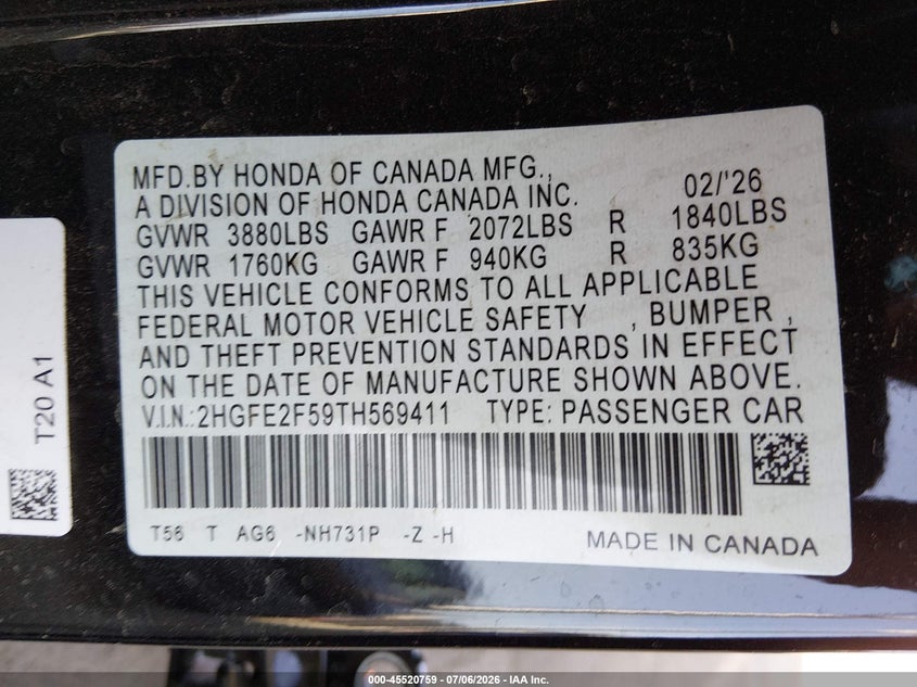 2026 HONDA CIVIC SEDAN 2.0L I-4 DI, DOHC, VVT, 150HP
