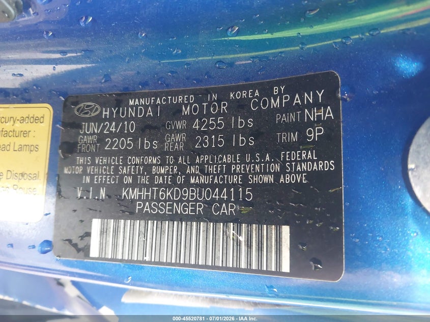 2011 Hyundai Genesis 2.0T Premium VIN: KMHHT6KD9BU044115 Lot: 45520781