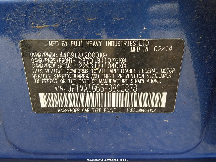 2015 Subaru Wrx Limited VIN: JF1VA1G65F9802878 Lot: 45520814