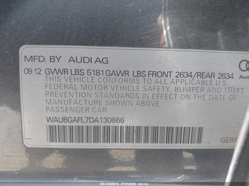 2013 Audi S4 3.0T Premium Plus VIN: WAUBGAFL7DA130866 Lot: 45520816