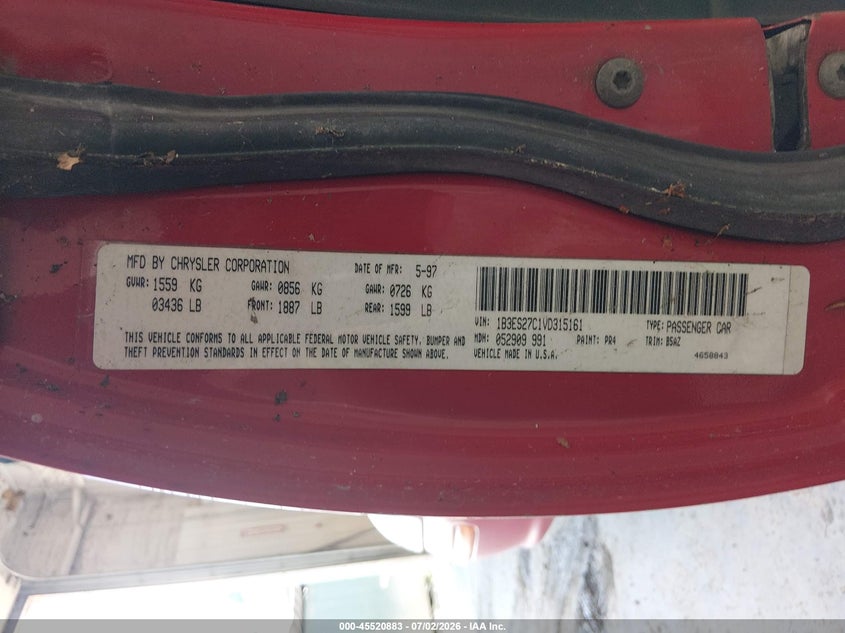 1997 Dodge Neon Ex VIN: 1B3ES27C1VD315161 Lot: 45520883