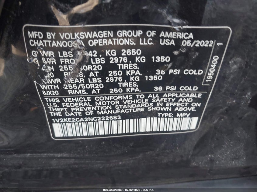 2022 Volkswagen Atlas Cross Sport 3.6L V6 Se W/Technology VIN: 1V2KE2CA2NC222683 Lot: 45520889