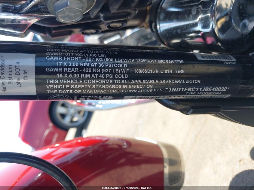 2018 Harley-Davidson Flhr Road King VIN: 1HD1FBC11JB640032 Lot: 45520892