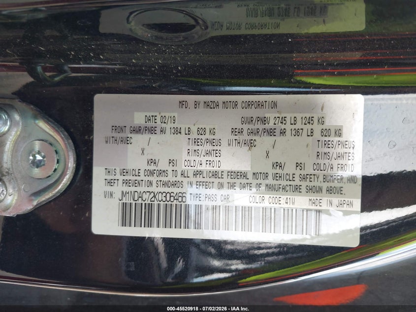 2019 Mazda Mx-5 Miata Club VIN: JM1NDAC72K0306466 Lot: 45520918