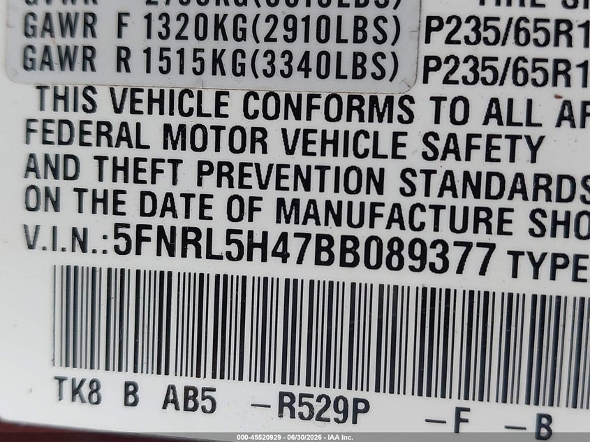 2011 HONDA ODYSSEY VAN 3.5L V-6 VVT, 248HP