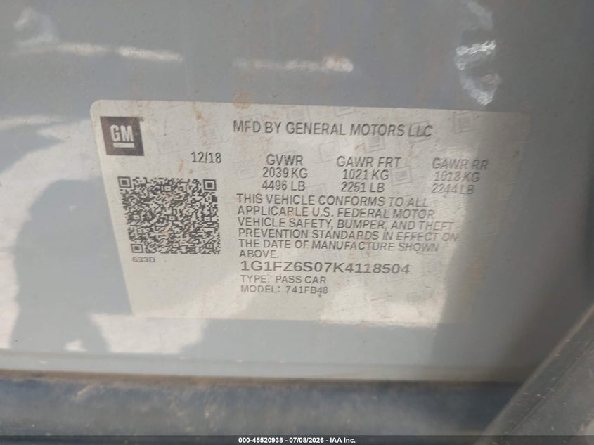2019 Chevrolet Bolt Ev Premier VIN: 1G1FZ6S07K4118504 Lot: 45520938