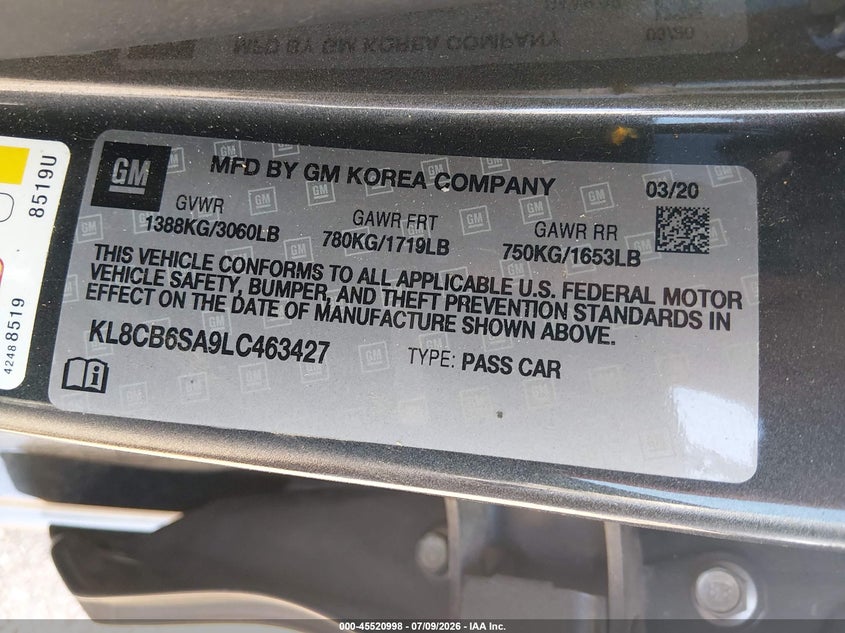 2020 Chevrolet Spark Fwd Ls Automatic VIN: KL8CB6SA9LC463427 Lot: 45520998