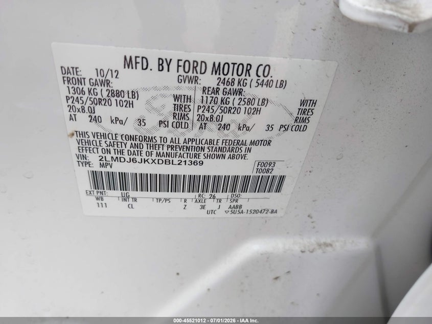 2013 Lincoln Mkx VIN: 2LMDJ6JKXDBL21369 Lot: 45521012