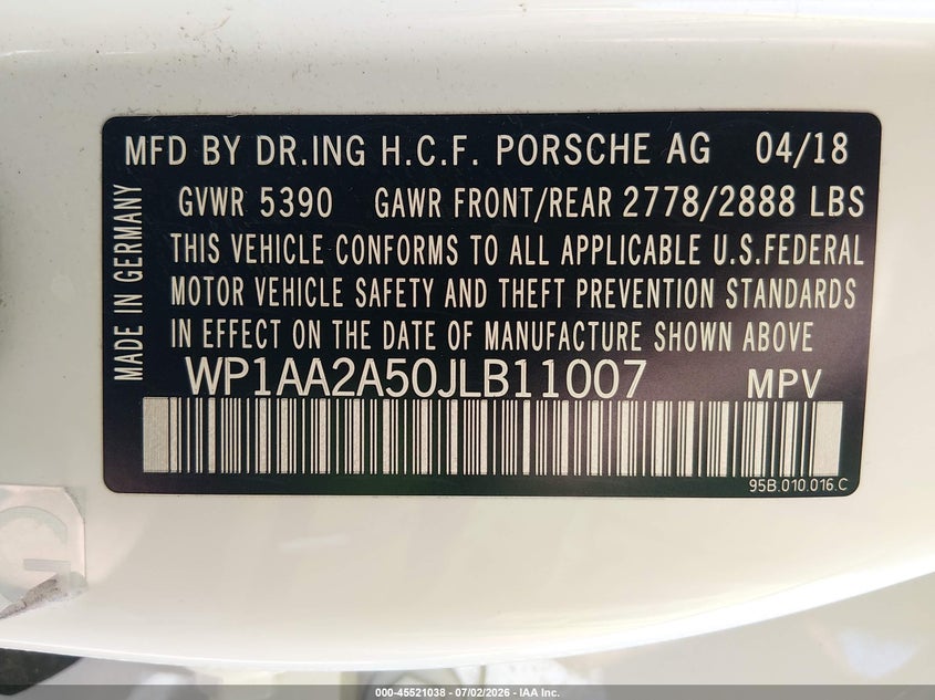 2018 Porsche Macan VIN: WP1AA2A50JLB11007 Lot: 45521038