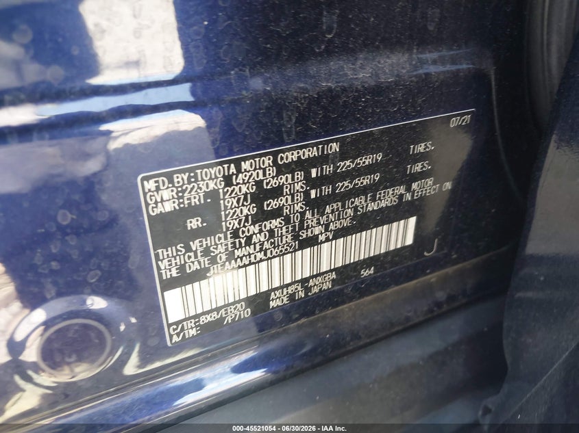 2021 Toyota Venza Xle VIN: JTEAAAAH0MJ065521 Lot: 45521054
