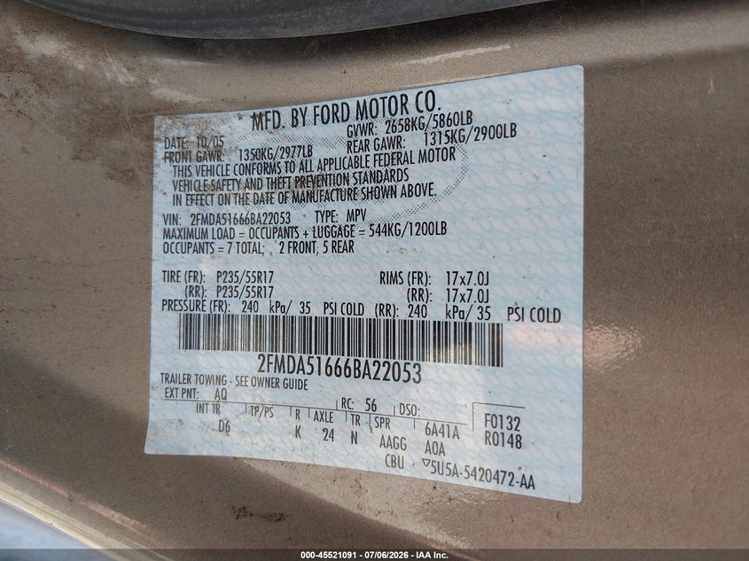 FORD FREESTAR 2006 VIN 2FMDA51666BA22053