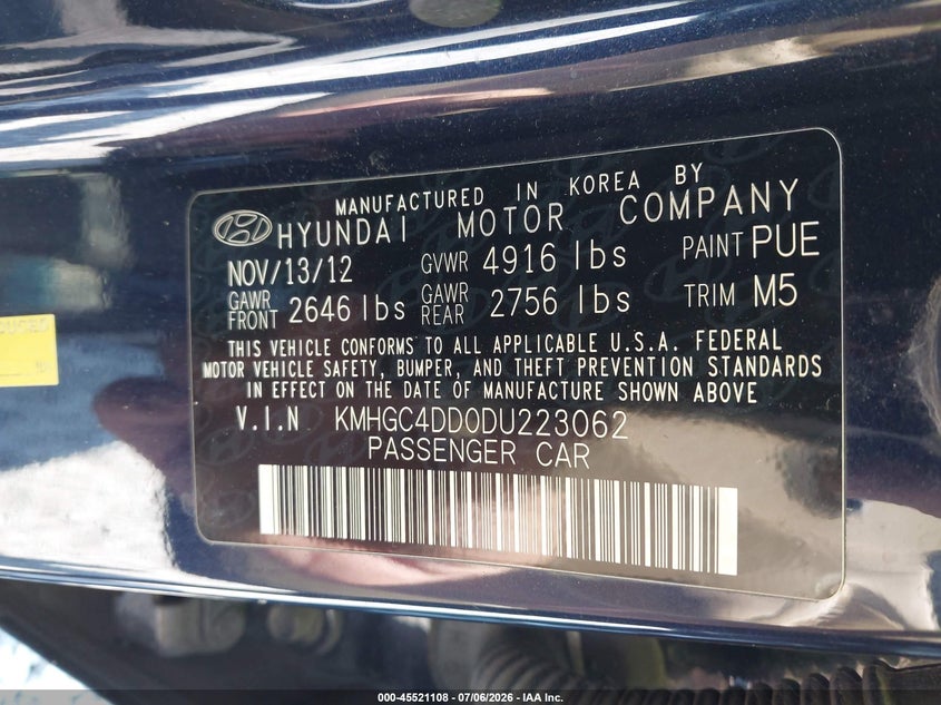 2013 Hyundai Genesis 3.8 VIN: KMHGC4DD0DU223062 Lot: 45521108