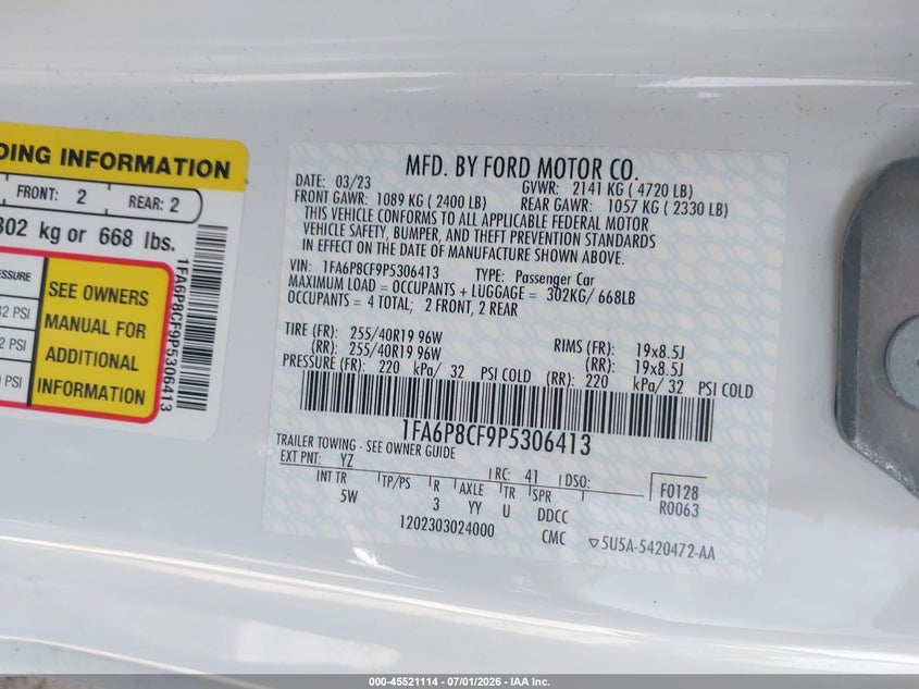 FORD MUSTANG 2023 VIN 1FA6P8CF9P5306413