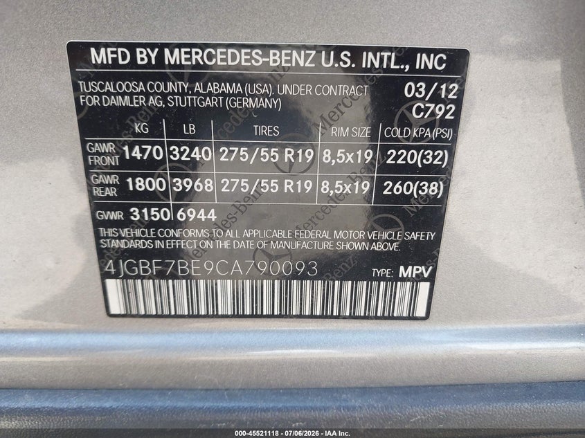 2012 Mercedes-Benz Gl 450 4Matic VIN: 4JGBF7BE9CA790093 Lot: 45521118