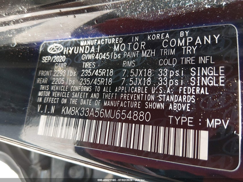 2021 Hyundai Kona Limited VIN: KM8K33A56MU654880 Lot: 45521165