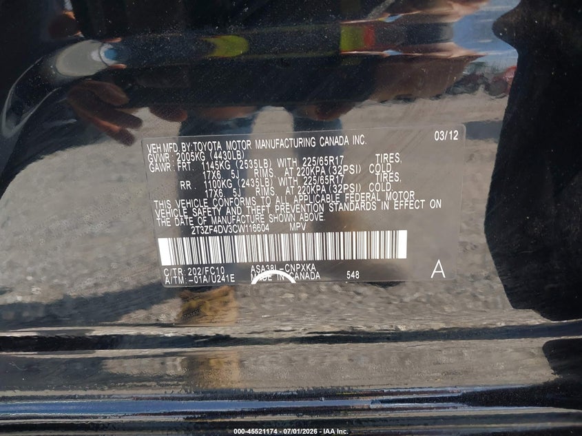 2012 TOYOTA RAV 4 SPORT UTILITY VEHICLE 2.5L I-4 DOHC, VVT, 179HP