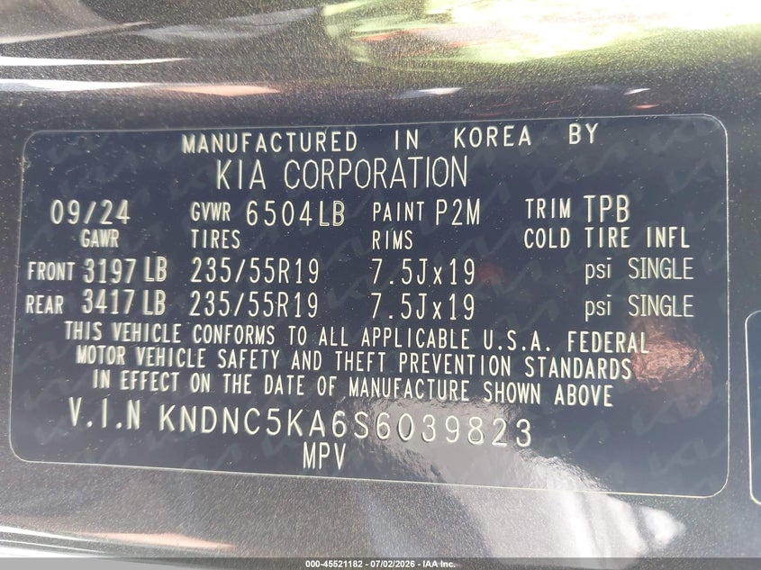 2025 Kia Carnival Mpv Hybrid Ex VIN: KNDNC5KA6S6039823 Lot: 45521182