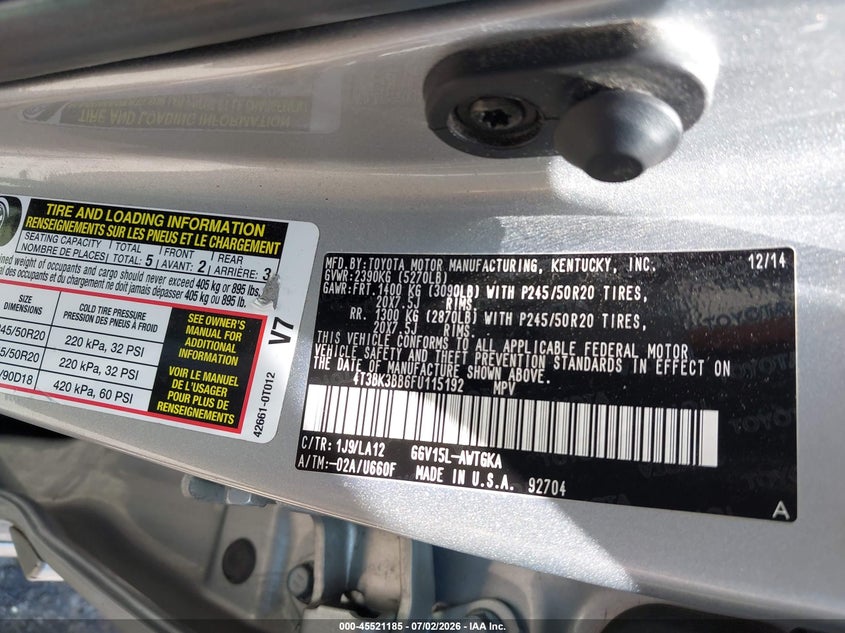 2015 Toyota Venza Limited V6 VIN: 4T3BK3BB6FU115192 Lot: 45521185