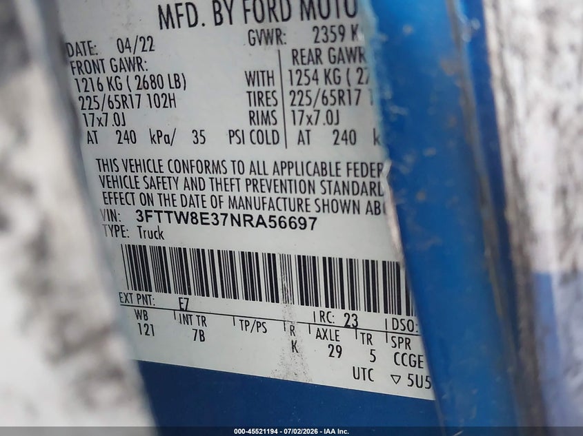 2022 Ford Maverick Xlt VIN: 3FTTW8E37NRA56697 Lot: 45521194