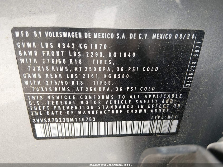 2024 Volkswagen Taos 1.5T Se VIN: 3VVSX7B23RM116753 Lot: 45521197