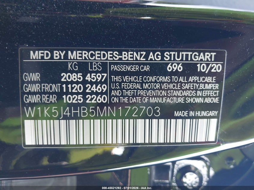 2021 Mercedes-Benz Cla 250 4Matic VIN: W1K5J4HB5MN172703 Lot: 45521292