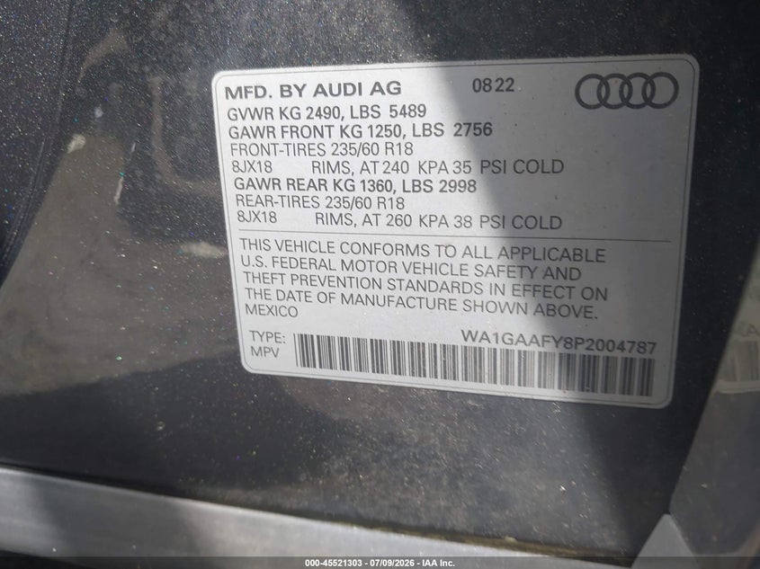 AUDI Q5 2023 VIN WA1GAAFY8P2004787
