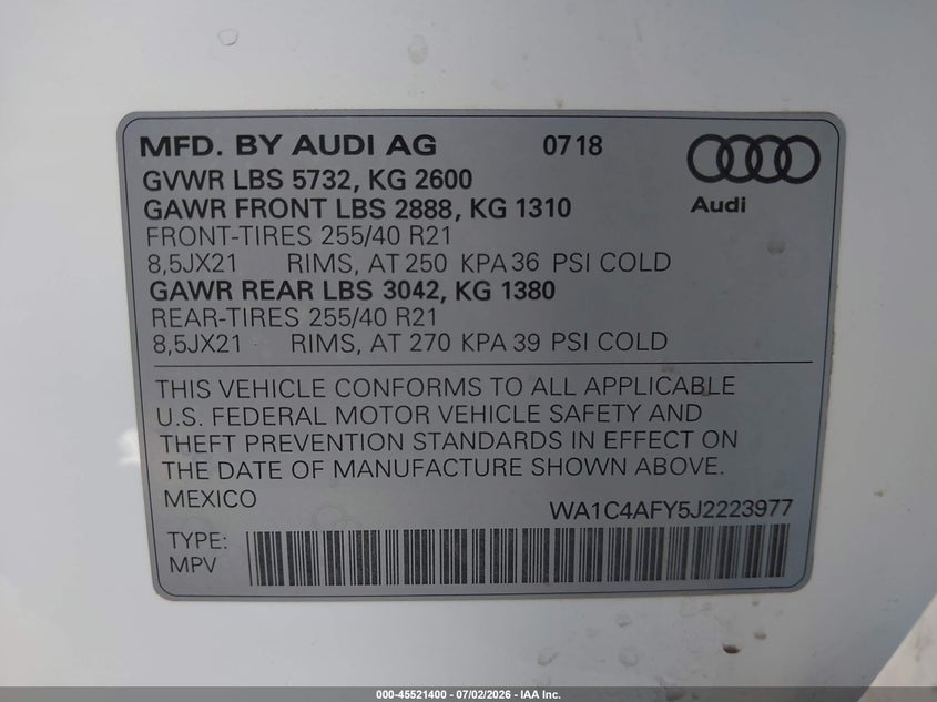 2018 Audi Sq5 3.0T Premium Plus VIN: WA1C4AFY5J2223977 Lot: 45521400
