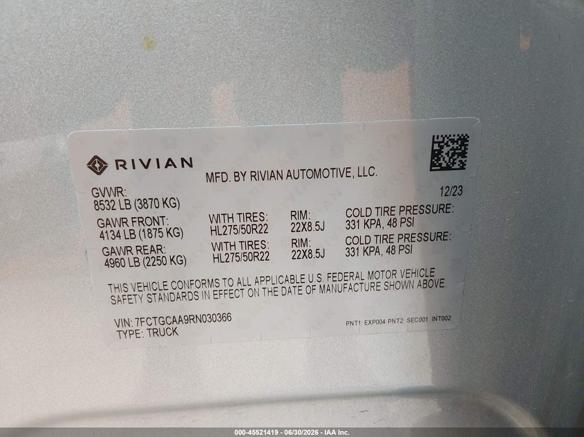 2024 Rivian R1T Adventure Dual Motor Max Pack/Adventure Dual Motor Perf Max Pack VIN: 7FCTGCAA9RN030366 Lot: 45521419