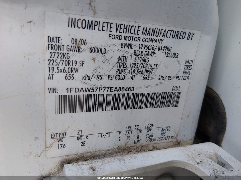 2007 Ford F-550 Chassis Lariat/Xl/Xlt VIN: 1FDAW57P77EA85463 Lot: 45521443