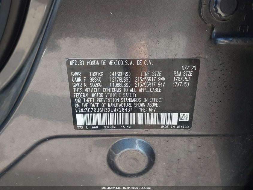 HONDA HR-V 2020 VIN 3CZRU6H3XLM728434