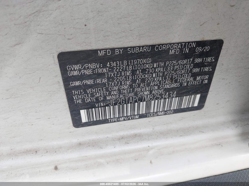 SUBARU CROSSTREK 2021 VIN JF2GTAPC7M8253434