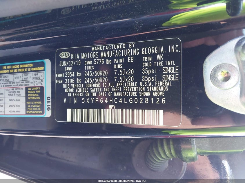 2020 Kia Telluride S VIN: 5XYP64HC4LG028126 Lot: 45521490