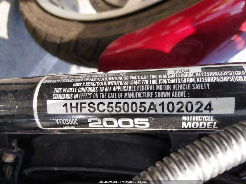 2005 Honda Vtx1300 C VIN: 1HFSC55005A102024 Lot: 45521504