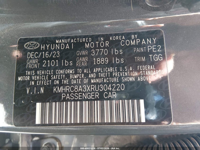 2024 Hyundai Venue Sel VIN: KMHRC8A3XRU304220 Lot: 45521516