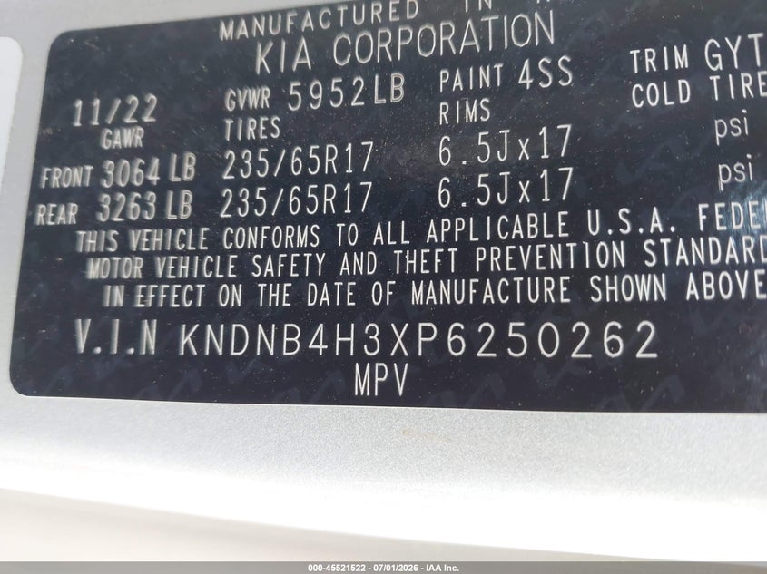 2023 Kia Carnival Mpv Lx Seat Package VIN: KNDNB4H3XP6250262 Lot: 45521522