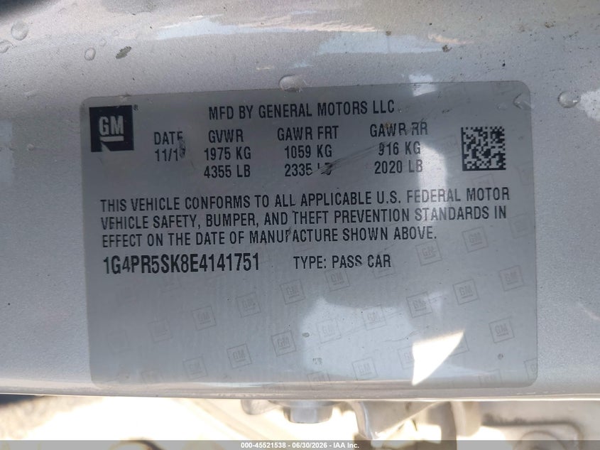 2014 Buick Verano Convenience Group VIN: 1G4PR5SK8E4141751 Lot: 45521538