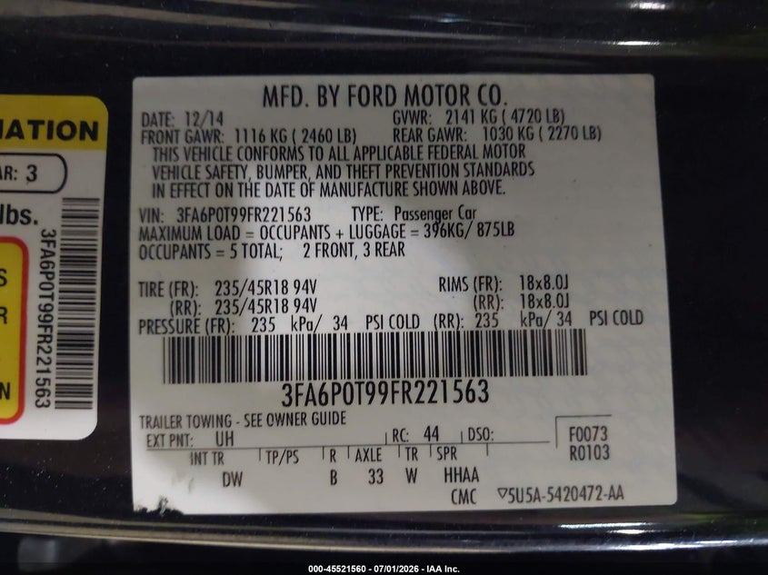 2015 Ford Fusion Se VIN: 3FA6P0T99FR221563 Lot: 45521560