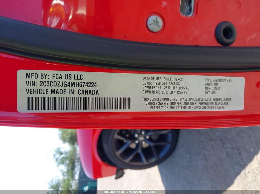 2021 Dodge Challenger Gt VIN: 2C3CDZJG4MH674224 Lot: 45521588