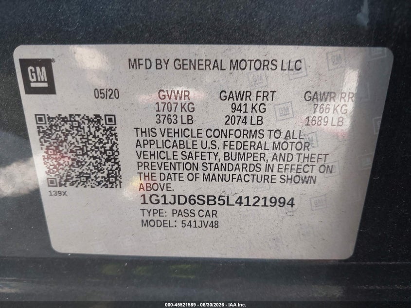 2020 Chevrolet Sonic Fwd Lt 5-Door VIN: 1G1JD6SB5L4121994 Lot: 45521589