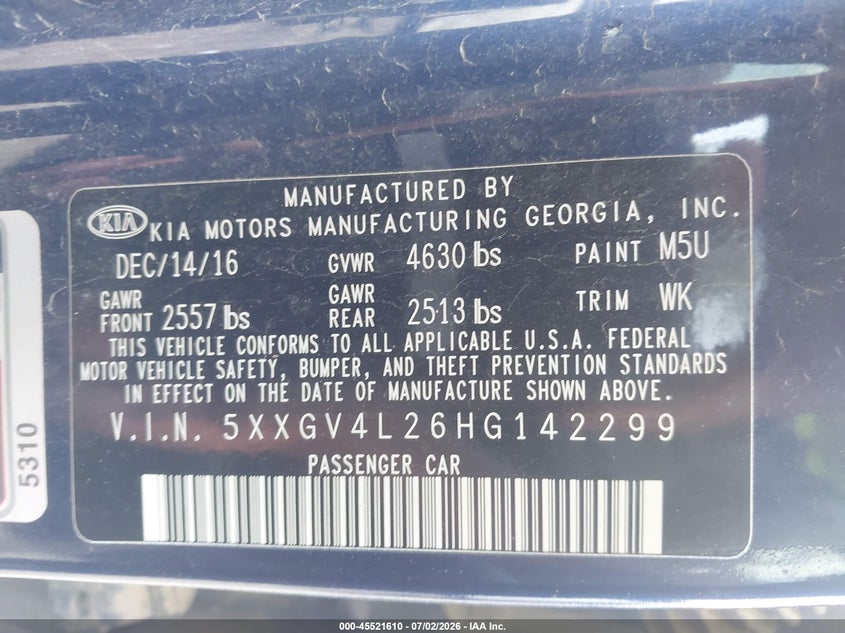 2017 Kia Optima Sxl Turbo VIN: 5XXGV4L26HG142299 Lot: 45521610