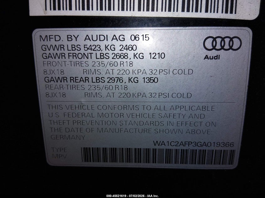 2016 Audi Q5 2.0T Premium VIN: WA1C2AFP3GA019366 Lot: 45521619