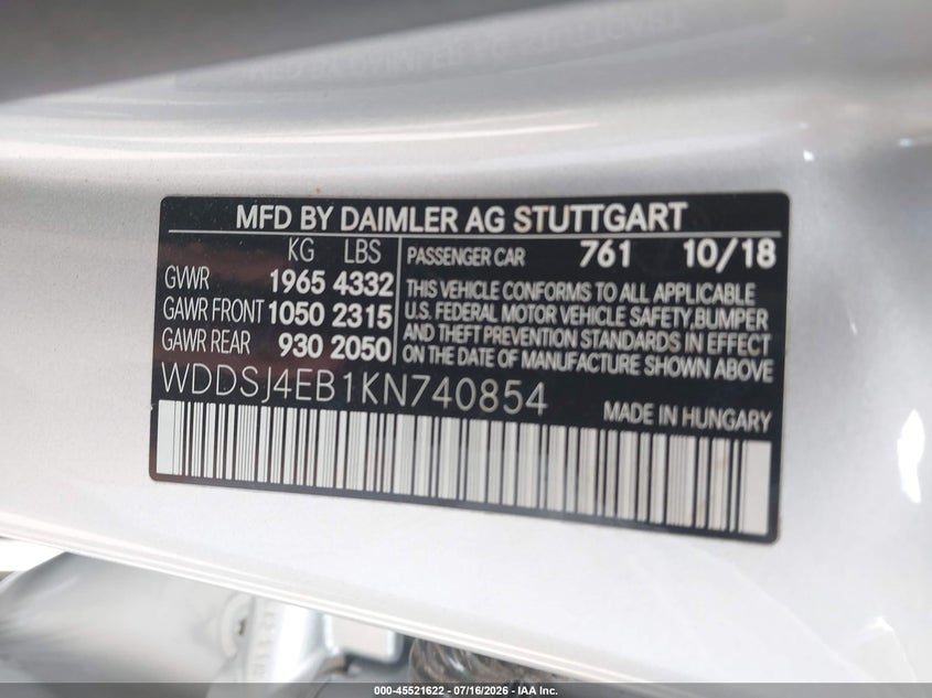 2019 Mercedes-Benz Cla 250 VIN: WDDSJ4EB1KN740854 Lot: 45521622