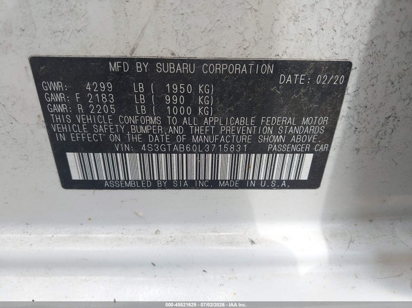 2020 Subaru Impreza 5-Door VIN: 4S3GTAB60L3715831 Lot: 45521629