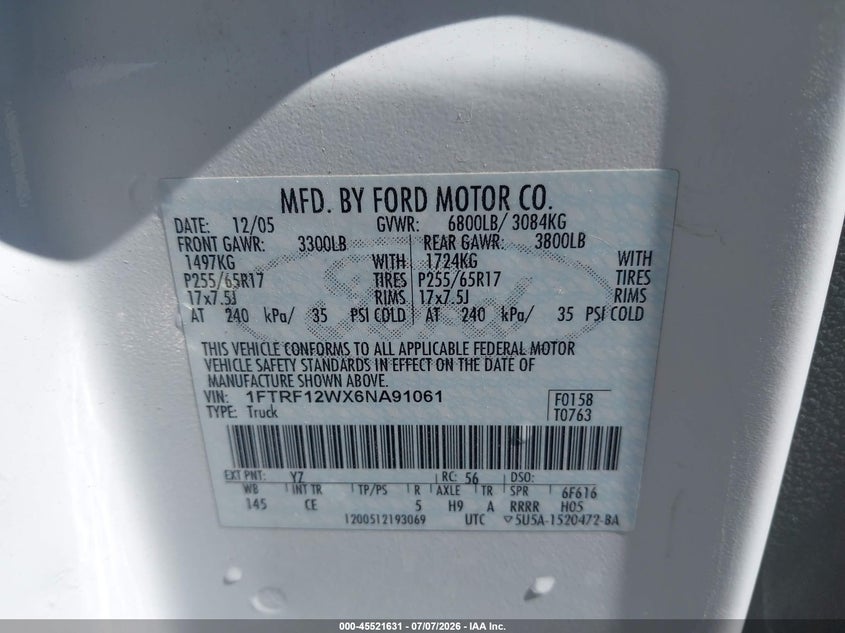 2006 Ford F-150 Stx/Xl/Xlt VIN: 1FTRF12WX6NA91061 Lot: 45521631
