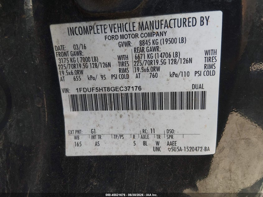 2016 Ford F-550 Chassis Xl/Xlt VIN: 1FDUF5HT8GEC37176 Lot: 45521676