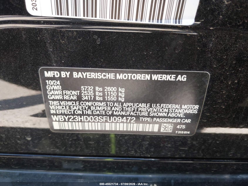 2025 BMW I4 Gran Coupe Edrive40 VIN: WBY23HD03SFU09472 Lot: 45521734