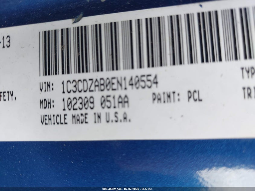 2014 Dodge Avenger Se VIN: 1C3CDZAB0EN140554 Lot: 45521746